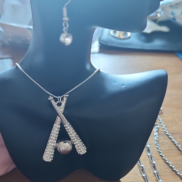 Elegant Silver Baseball Bat Necklace and Earring Set - Picture 1 of 1
